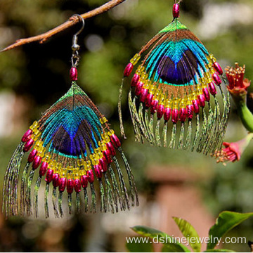 Customized Retro Peacock Feather Earring With TurquoiseBead